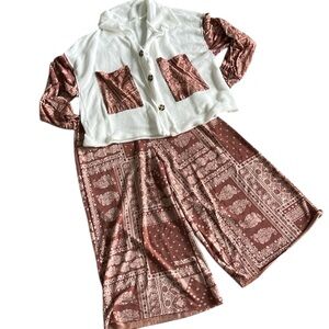 Easel & Bucketlist Patchwork‎ Tapestry Paisley Boho Top Shirt & Pants Set Small